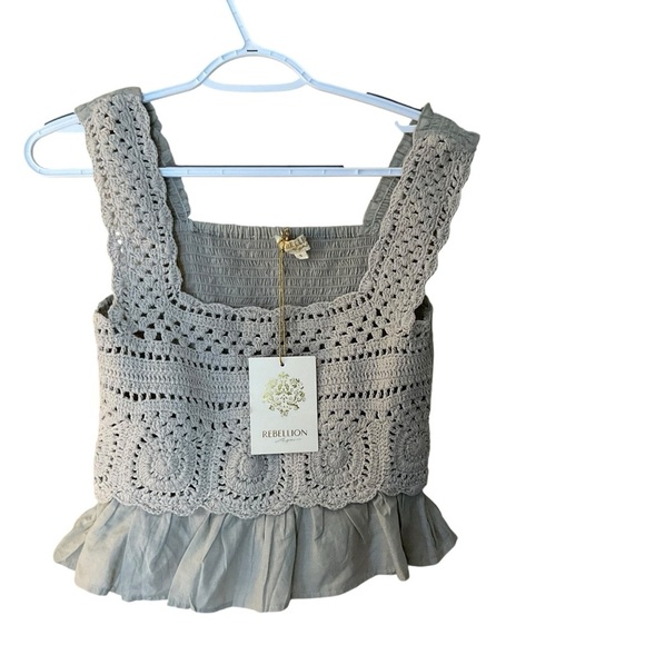 Rebellion Agan Crochet Boho Ruffle Tank Top Gray Size S - Picture 1 of 7